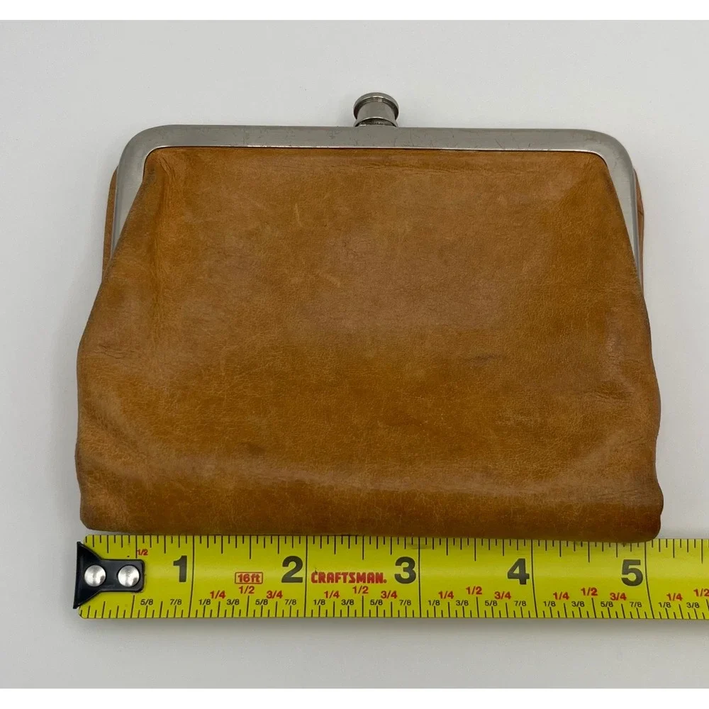 Hobo International Tan Leather Lauren Bifold Kiss Lock Wallet Floral Lining 4x5